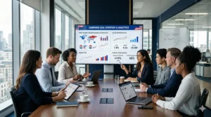A team meets to plan political advertising in 2026, reviewing campaign analytics and voter audience data on a conference room screen.