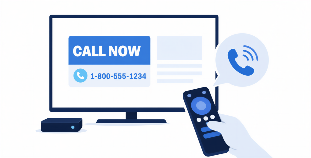 Call attribution illustration showing a TV ad with a 'Call Now' number and a viewer using a remote to place the call