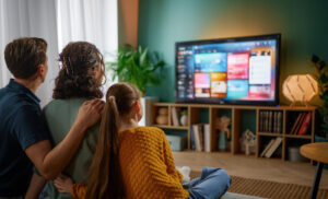 Family watching connected TV advertising content together on smart TV at home