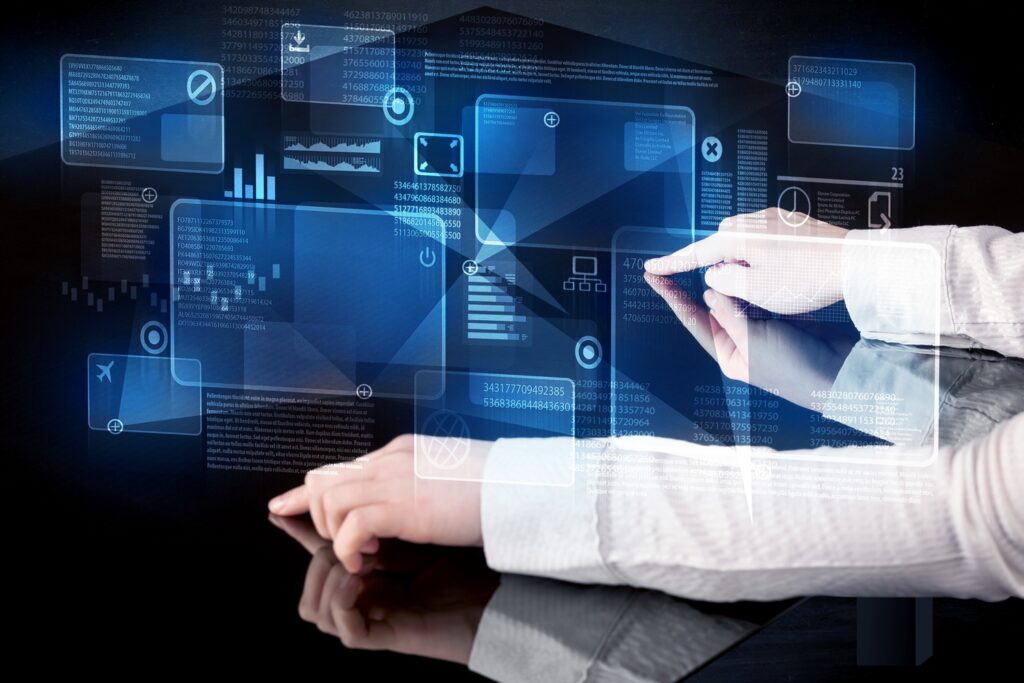 Supply path optimization concept with hands navigating a holographic interface of programmatic data panels and charts