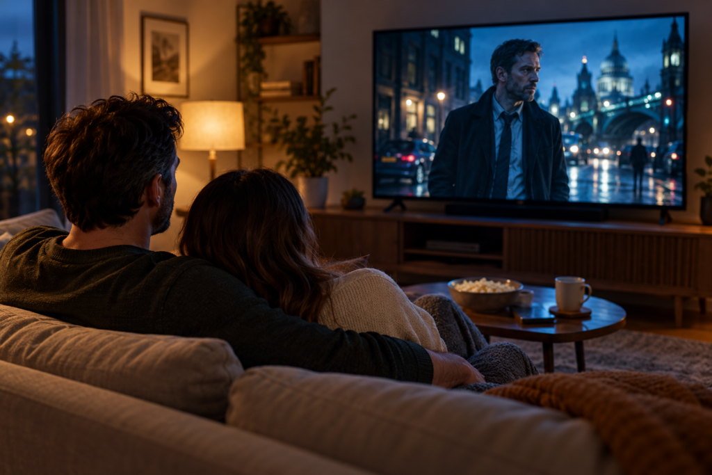 Couple watching a crime drama on TV at night