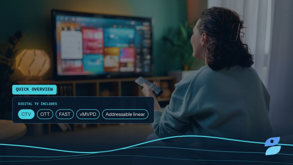 A woman browsing a streaming app home screen on a smart TV, with the formats that make up digital TV advertising listed beside her.