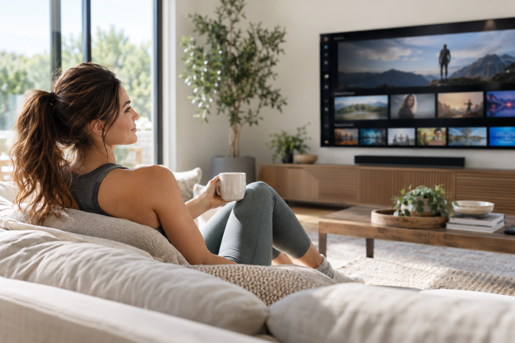 Woman in activewear relaxing in front of a smart TV