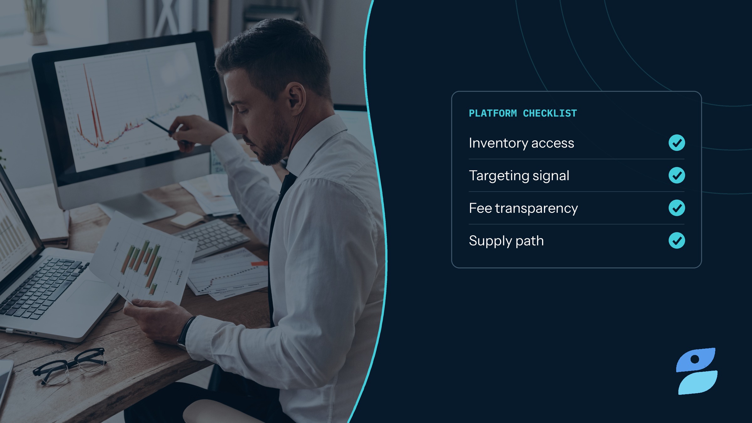 A media trader comparing dashboards on two monitors while evaluating programmatic advertising solutions for inventory access, targeting, and fees.