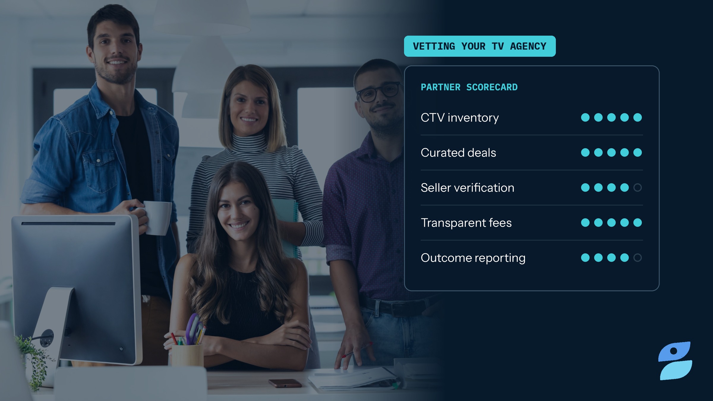 A smiling marketing team next to a partner scorecard, illustrating how to choose a TV ad agency.