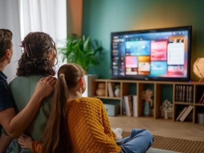 Family watching connected TV advertising content together on smart TV at home