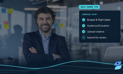 A smiling marketer at a desk with a laptop, next to a four-step campaign setup checklist for Roku Ads Manager.