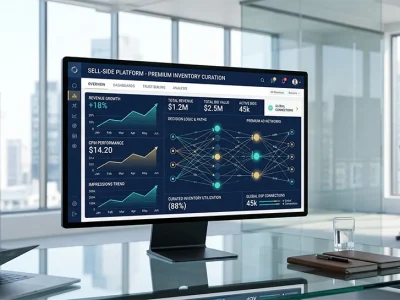 Sell-side decisioning platform dashboard showing revenue growth, CPM performance, and curated inventory metrics.